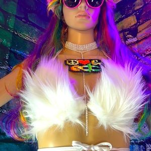 New White Fuzzy Rave Halter top